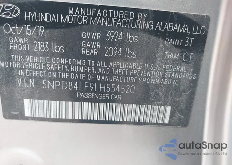 2020 Hyundai Elantra Sel z USA, uszkodzony, nr VIN 5NPD84LF9LH554520